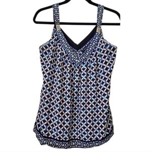 WHBM  Embellished Cami V-neck Tank Top In Blue & Black  Geometric Print Size M